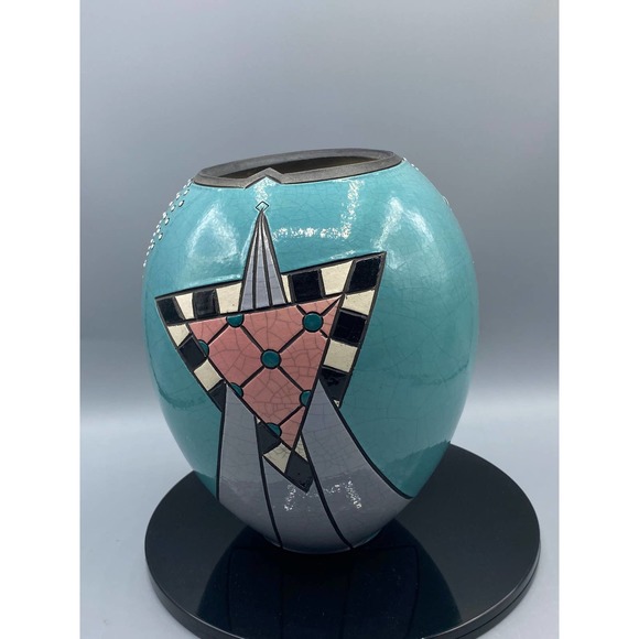 Andy Smith Raku Crackled Glaze Geometric Design Vase Art Deco Style Pottery - Picture 5 of 7